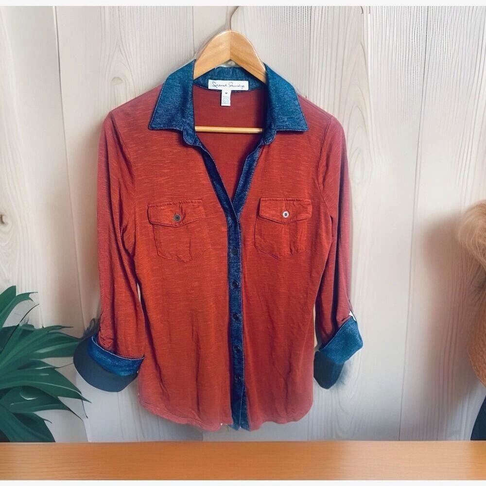 Womens Button Up Collared Shirt Rust & Denim Fall French Laundry M - Picture 2 of 3